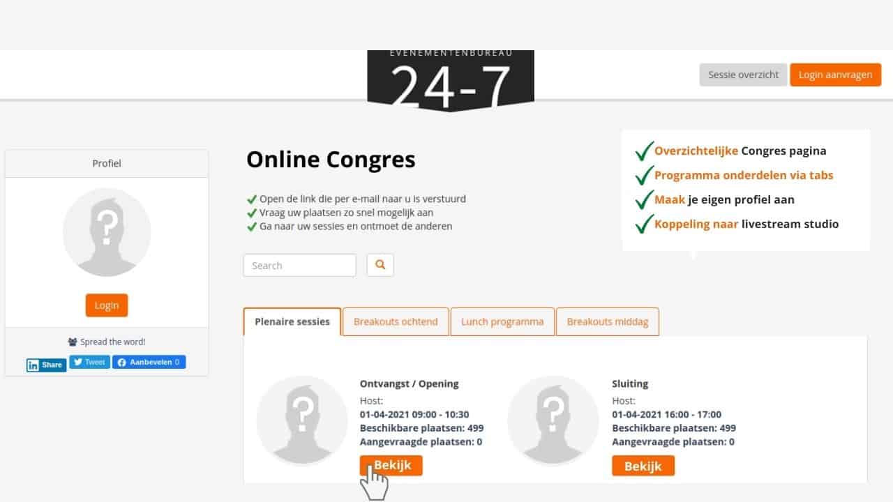 Voorbeeld van een virtuele congres pagina.