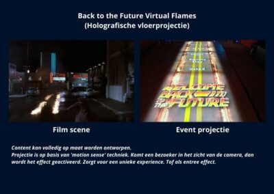 Back to the Future hologram. Een holografische vloerprojectie zorgt voor eenzelfde ervaring, zoals was te zien in de films van Back to the Future