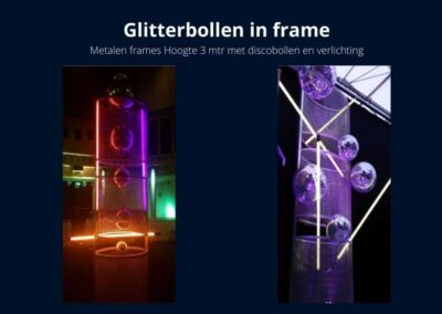Thema Decoratie idee: Glitterbollen in plexiglas frame voor 80's party of Retro thema