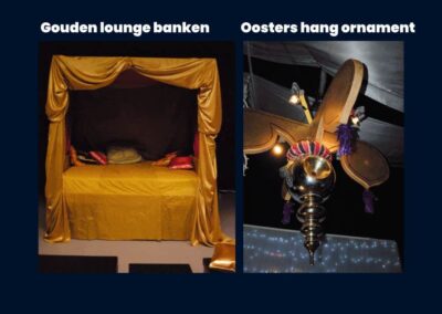 Thema decoratie 1001 Nacht - Arabian nights. Gouden lounge banken en hangende plafond ornamenten