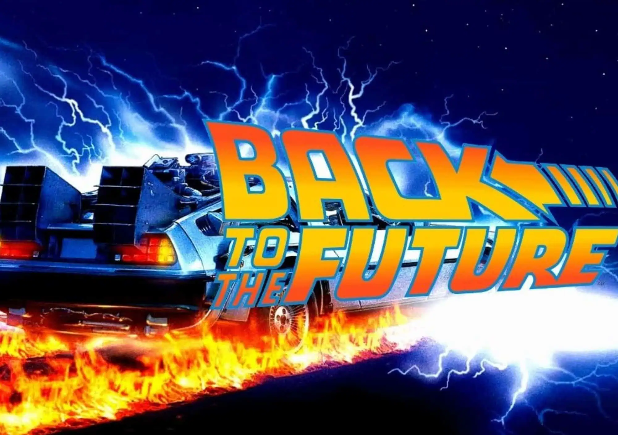 Origineel Back to the Future logo met de DeLorean tijdmachine en vlammende bandensporen
