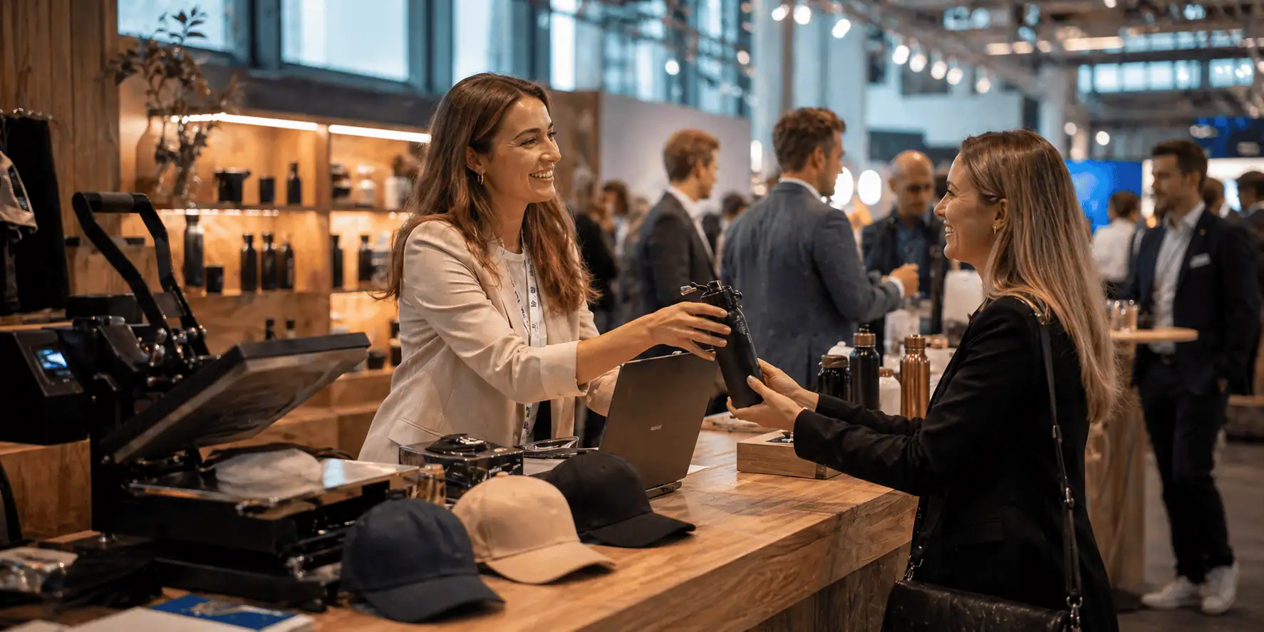 Een professionele en warm verlichte merkactivatie studio op een beursvloer waarbij een glimlachende hostess een gepersonaliseerd zwart item overhandigt aan een vrouwelijke bezoeker. Op de houten voorgrond staan diverse baseball caps in zwart en beige naast een professionele hittepers en een laptop voor data-entry. De achtergrond toont een sfeervolle, onscherpe zakelijke evenementenlocatie.