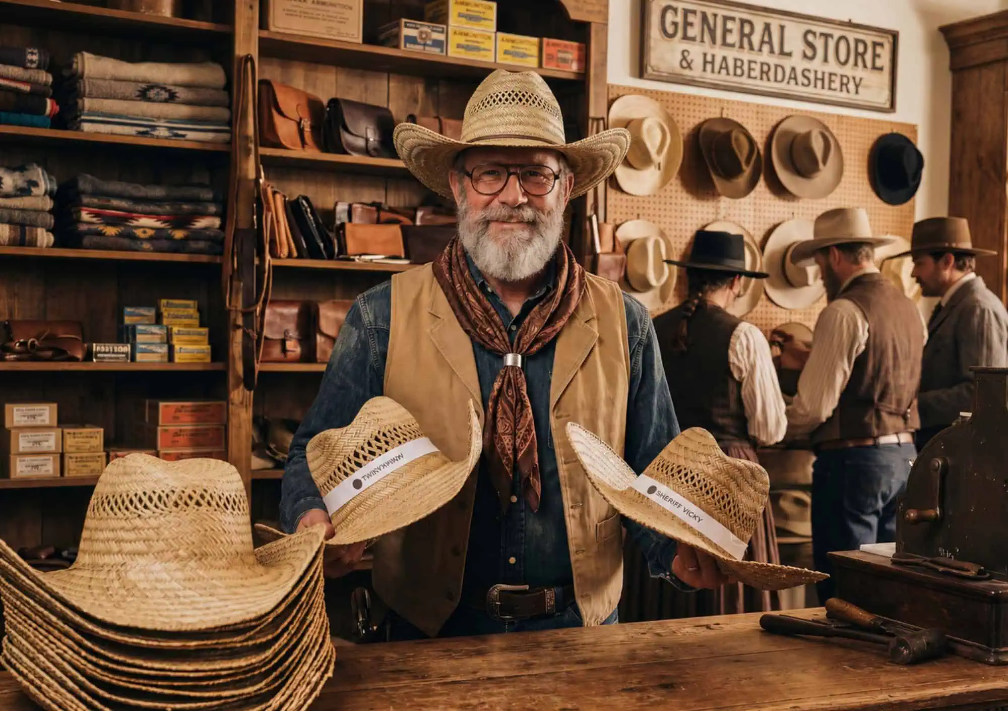 Onze vakkundige crew staat voor je klaar! Een vriendelijke, bebaarde host met bril in westernkleding toont twee strooien cowboyhoeden met bedrukte hoedbanden waarop de namen 'Twinxmania' en 'Sheriff Vicky' staan, tegen de achtergrond van een authentieke western general store.